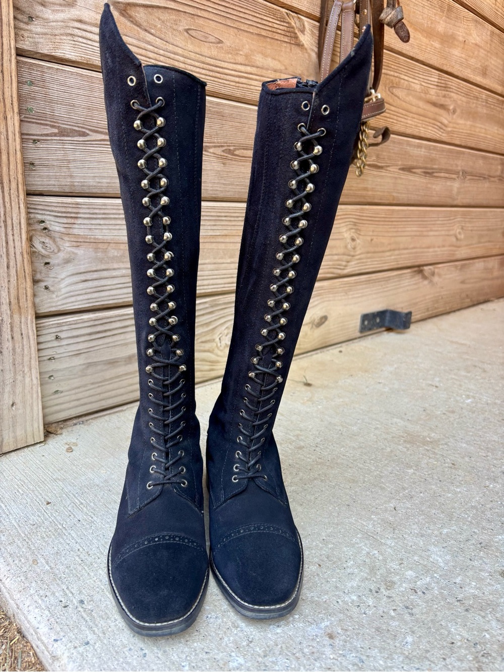 Tall Black Suede Lace-Up Women's Knee-High Equestrian Riding Boots